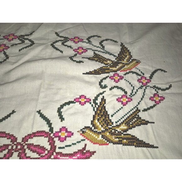 Vintage Hand-Stitched Embroidered Cross-Stitch Fabric Panels Swallows Floral - Picture 5 of 12